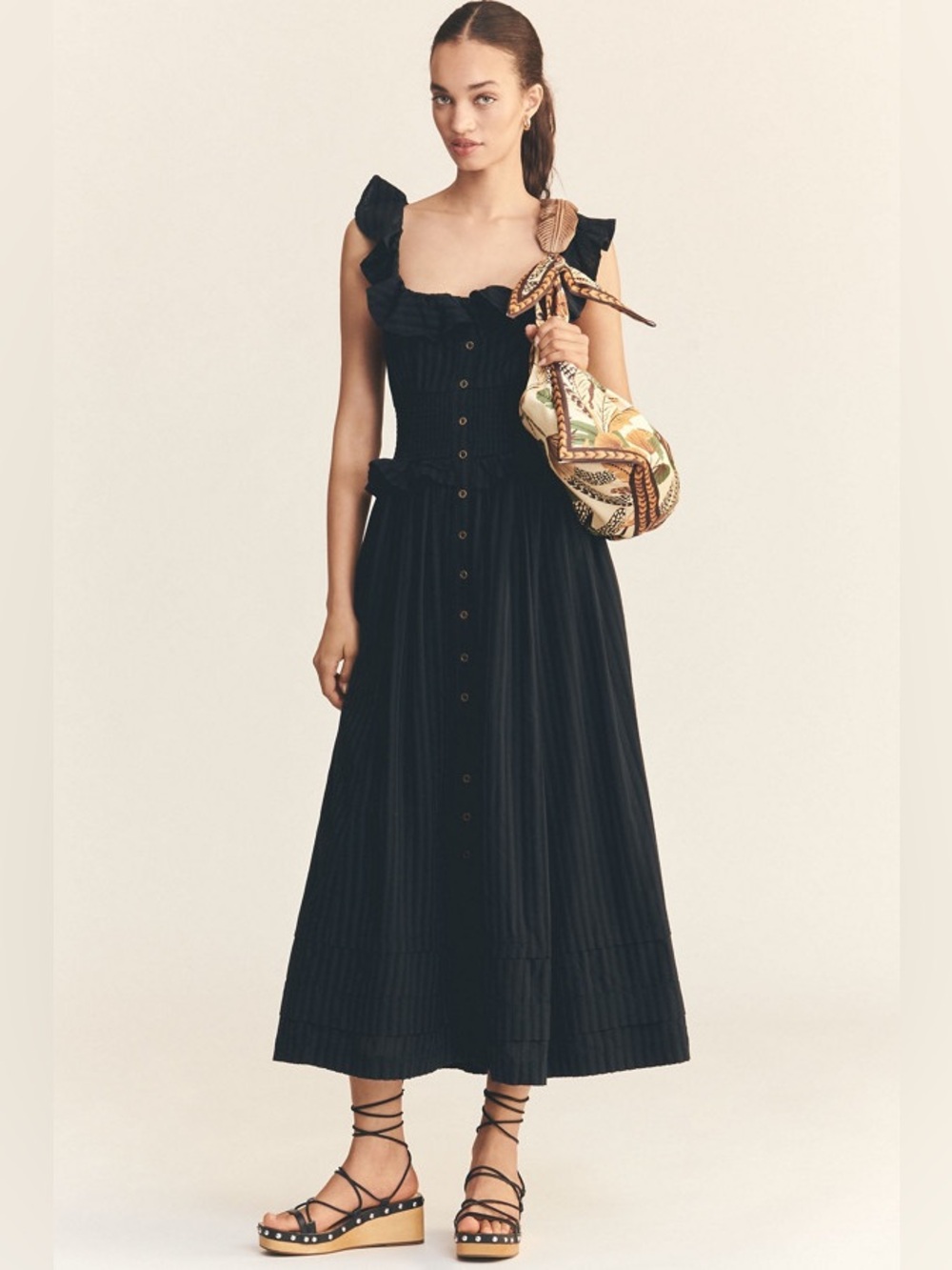 Anthropologie Pilcro Ruffled Smocked-Waist Button-Front Midi Dress
